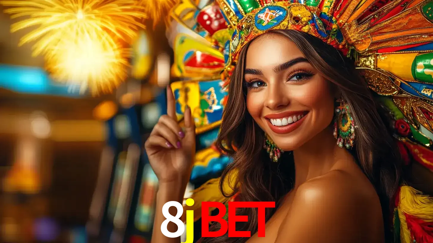 Mulher sorridente com um cocar de carnaval vibrante e colorido, celebrando uma grande vitória nos jogos do cassino 8jbet com fogos de artifício ao fundo.