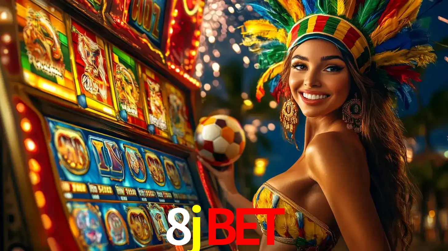 Mulher com um cocar de carnaval ao lado de uma máquina de caça-níqueis enquanto segura uma bola de futebol, mostrando a união da diversão de cassino e esportes no 8jbet.