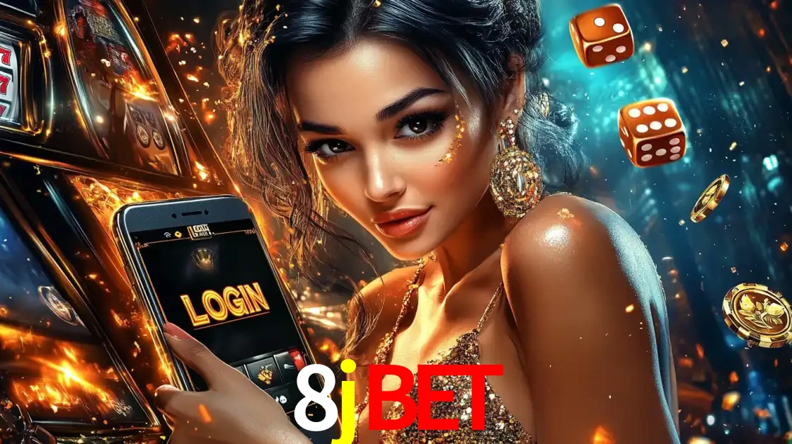 Mulher glamourosa segurando um celular com a tela de login do cassino 8jbet, rodeada por dados e moedas douradas, pronta para começar a diversão.