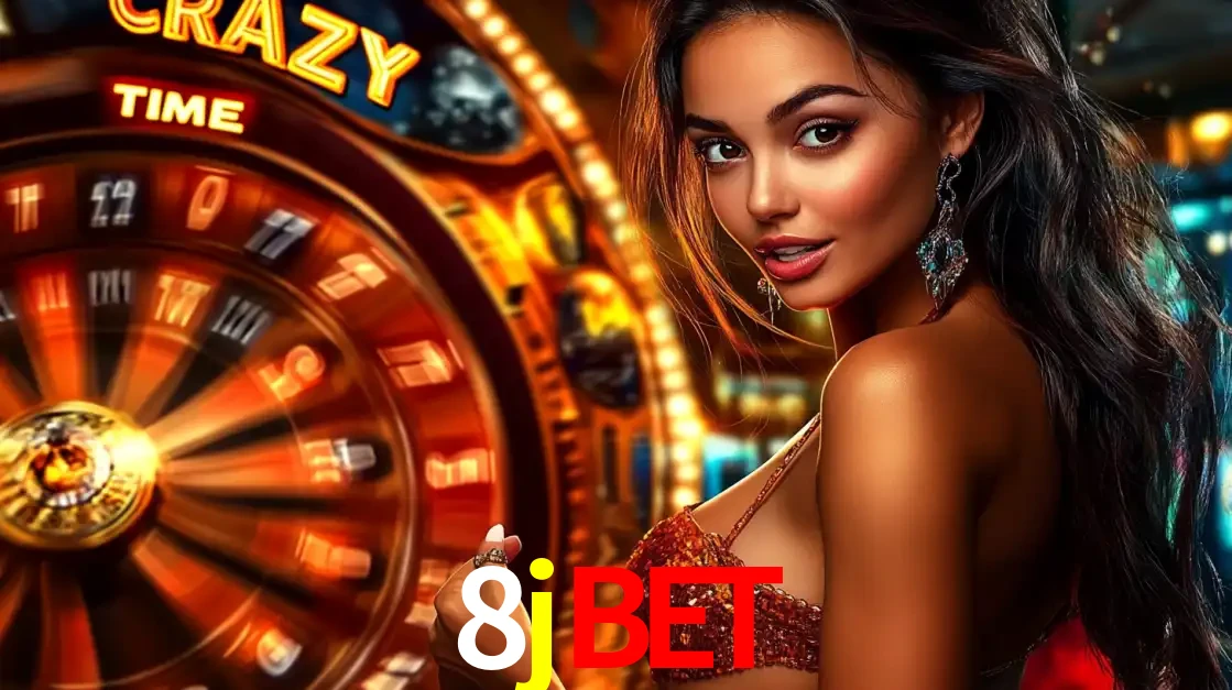 Mulher ao lado da roda de prêmios do jogo de cassino ao vivo Crazy Time, um dos shows de jogos mais emocionantes oferecidos pela plataforma de apostas 8jbet.