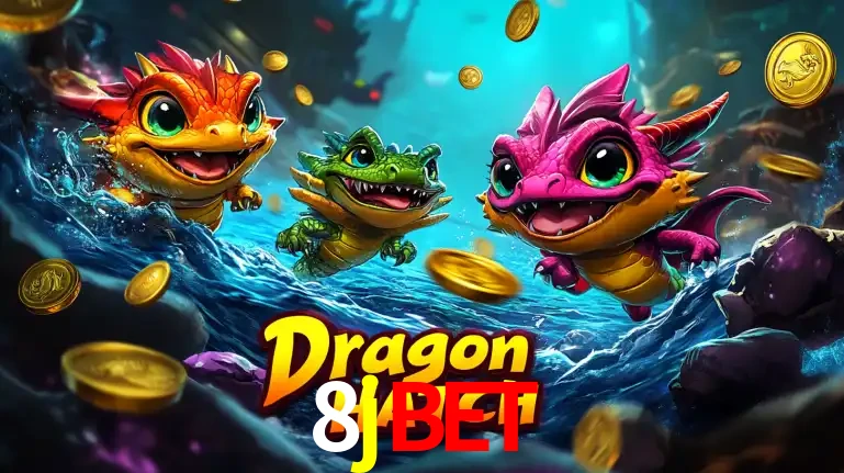 Arte promocional do jogo Dragon Hatch com três adoráveis dragões bebês nadando entre moedas de ouro, um dos slots mais divertidos para jogar no cassino 8jbet.
