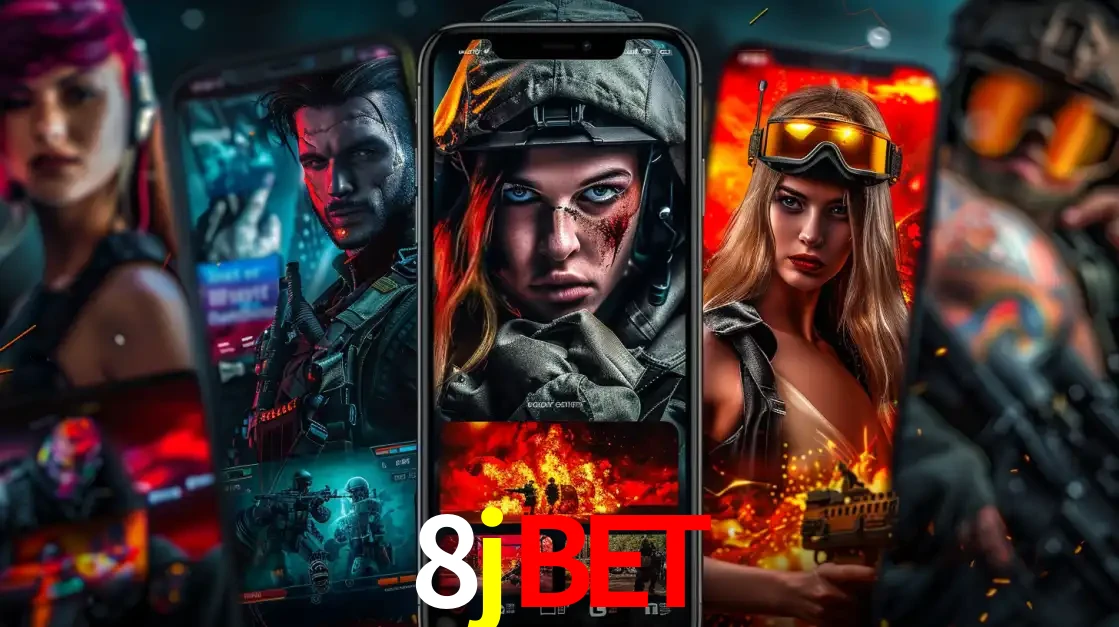 Montagem de telas de celular mostrando diversos personagens, masculinos e femininos, de um jogo de tiro, ilustrando a diversidade de equipes de e-sports para apostar no 8jbet.