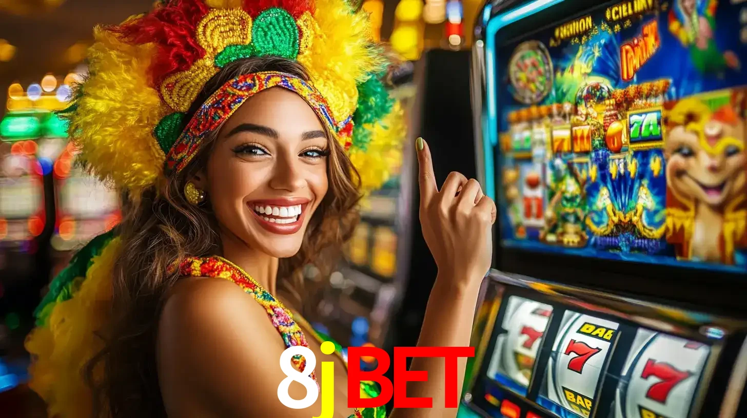 Mulher animada com um cocar de carnaval apontando para uma máquina de caça-níqueis, mostrando a emoção de ganhar um grande prêmio nos jogos do 8jbet.