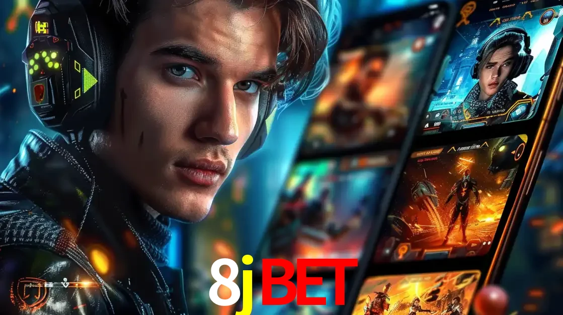 Jovem jogador com fones de ouvido olhando para a câmera, com um aplicativo de jogos e e-sports para celular ao fundo, pronto para a competição e apostas no 8jbet.