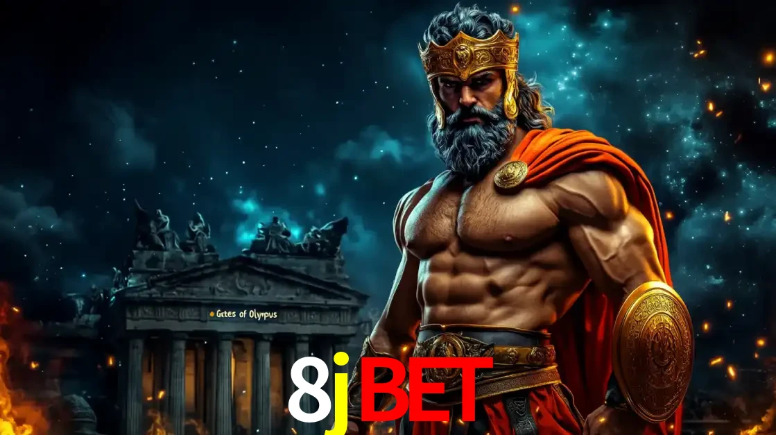 O poderoso Zeus do jogo de slot Gates of Olympus em frente ao seu templo, pronto para lançar multiplicadores divinos e prêmios épicos no cassino online 8jbet.