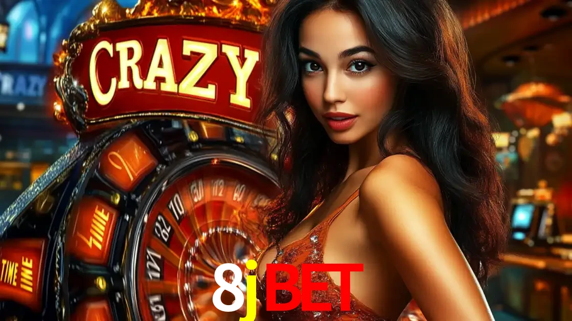 Mulher glamourosa olhando para a câmera com a roda vermelha do Crazy Time ao fundo em um ambiente de cassino, destacando a emoção dos jogos ao vivo no 8jbet.