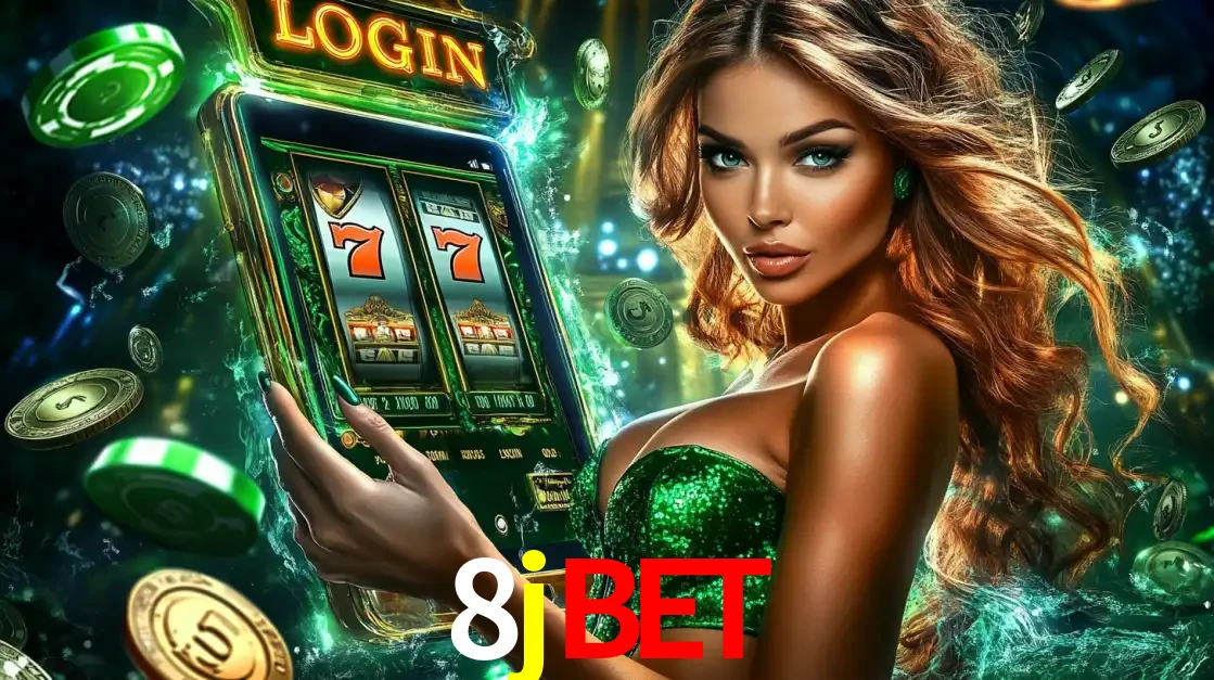 Mulher com tema verde apresentando o aplicativo do cassino 8jbet com um jogo de slot de 777, cercada por fichas de cassino e uma aura de sorte.