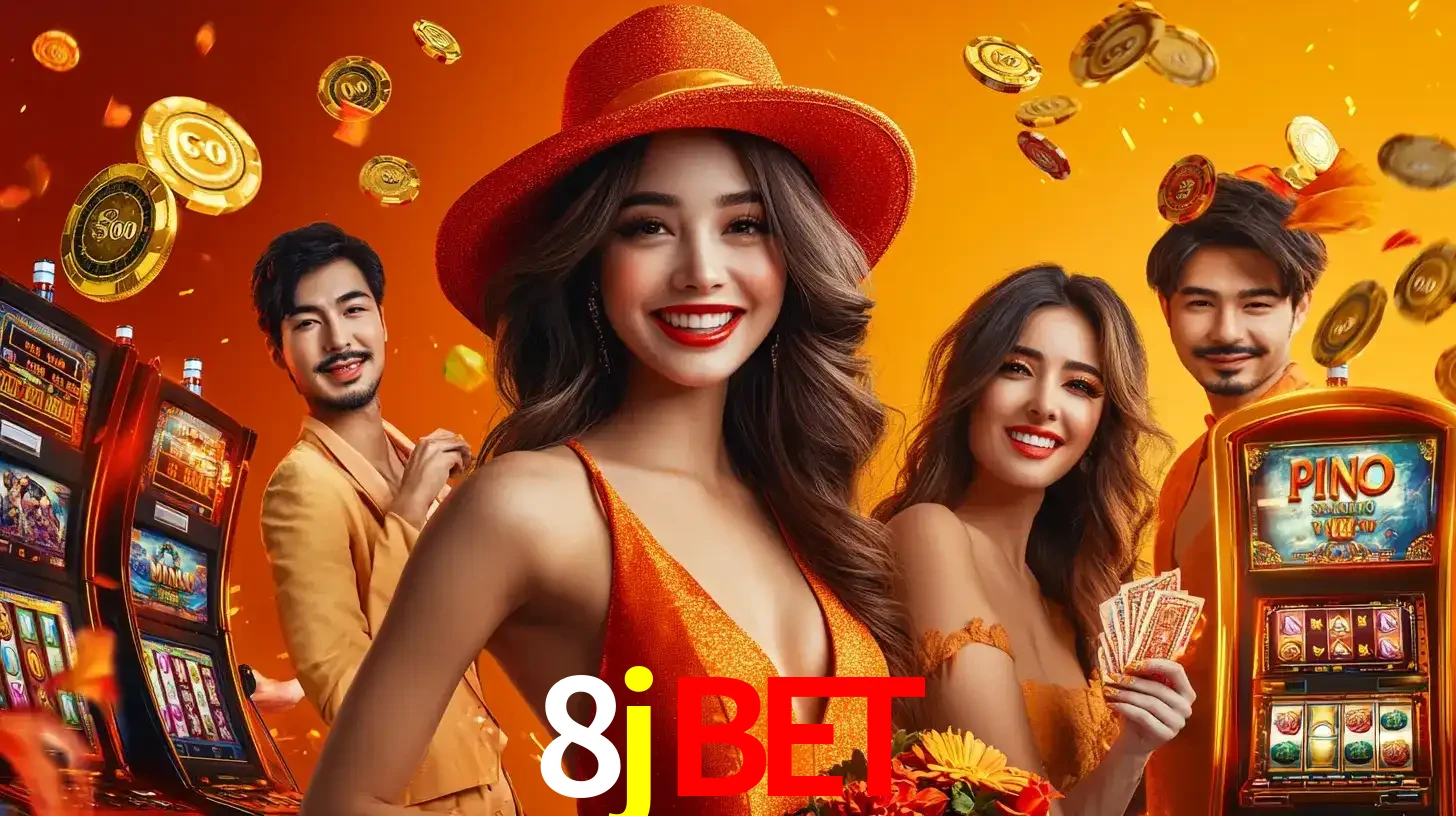 Grupo de amigos asiáticos sorrindo e se divertindo com máquinas de caça-níqueis em um ambiente festivo, celebrando suas vitórias nos jogos de cassino do 8jbet.