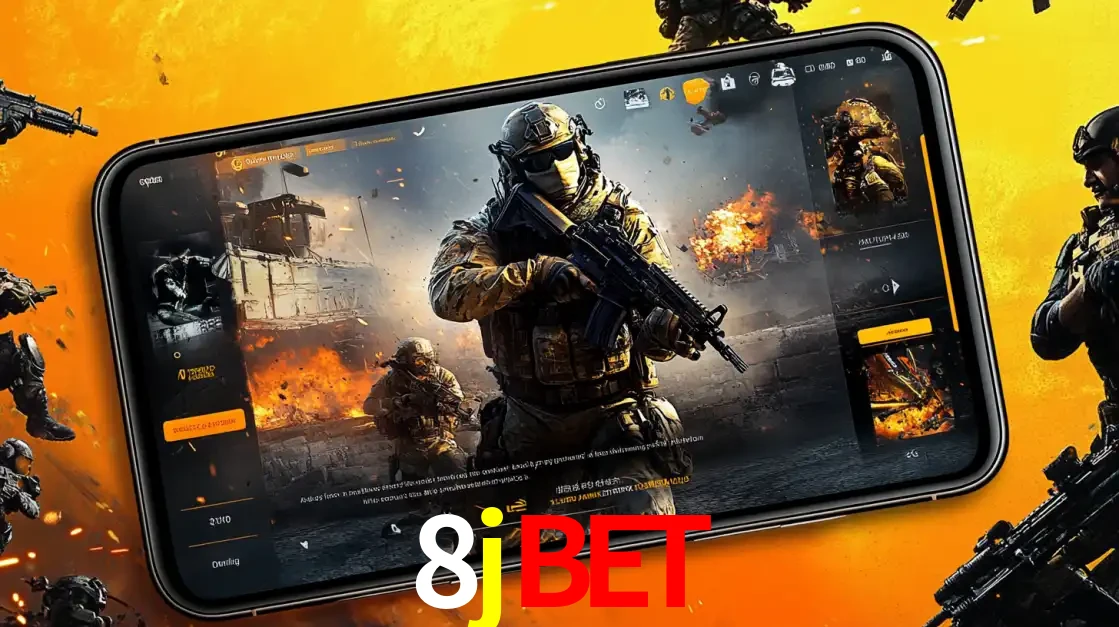 Um smartphone exibindo a interface de um jogo de tiro em primeira pessoa, com um soldado em um cenário de batalha, representando a ação dos e-sports para apostar no 8jbet.