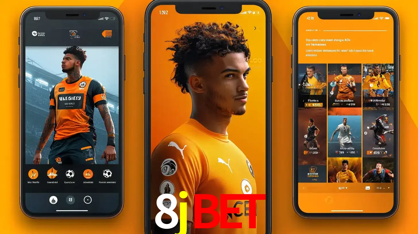 Interface do aplicativo de apostas esportivas 8jbet em três telas de celular, mostrando o perfil de um jogador de futebol e a lista de jogos disponíveis para apostar.