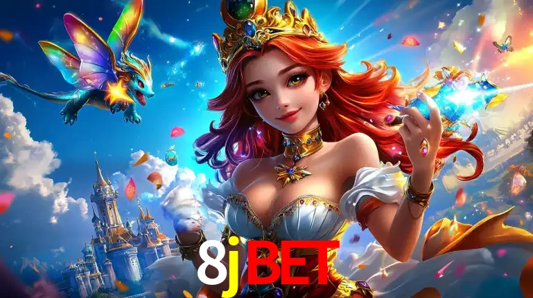 A princesa de um reino de fantasia mágico, com seu pequeno dragão, apresentando um mundo de prêmios encantados nos jogos de caça-níqueis do cassino 8jbet.