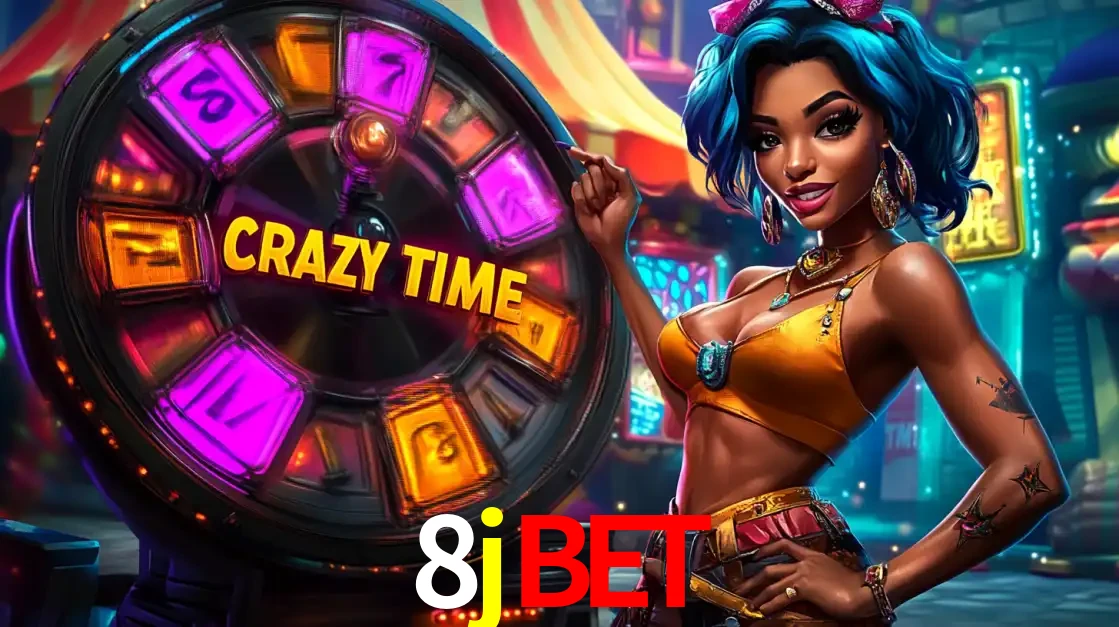 Mulher estilizada com cabelo azul e visual vibrante posando ao lado da roda de prêmios do game show Crazy Time, convidando para a diversão e os bônus do cassino 8jbet.