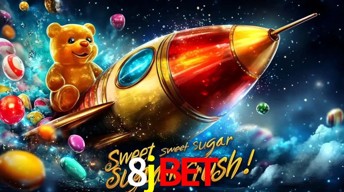 Arte promocional do jogo de slot Sugar Rush, com um urso de pelúcia em um foguete viajando pelo espaço de doces, um dos jogos divertidos disponíveis no cassino 8jbet.
