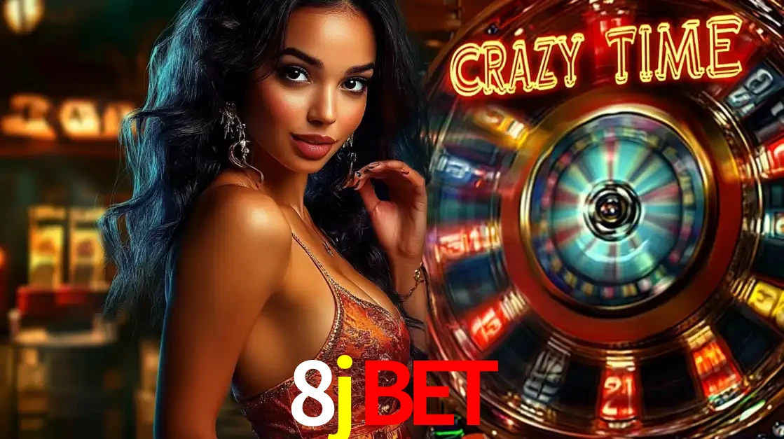 Mulher elegante ao lado da vibrante roda da fortuna do jogo de cassino ao vivo Crazy Time, um dos game shows mais populares e cheios de prêmios do 8jbet.