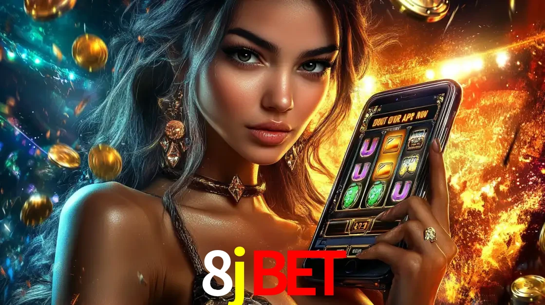 Mulher elegante mostrando um jogo de caça-níqueis em seu smartphone, destacando a experiência de cassino móvel oferecida pelo aplicativo 8jbet.