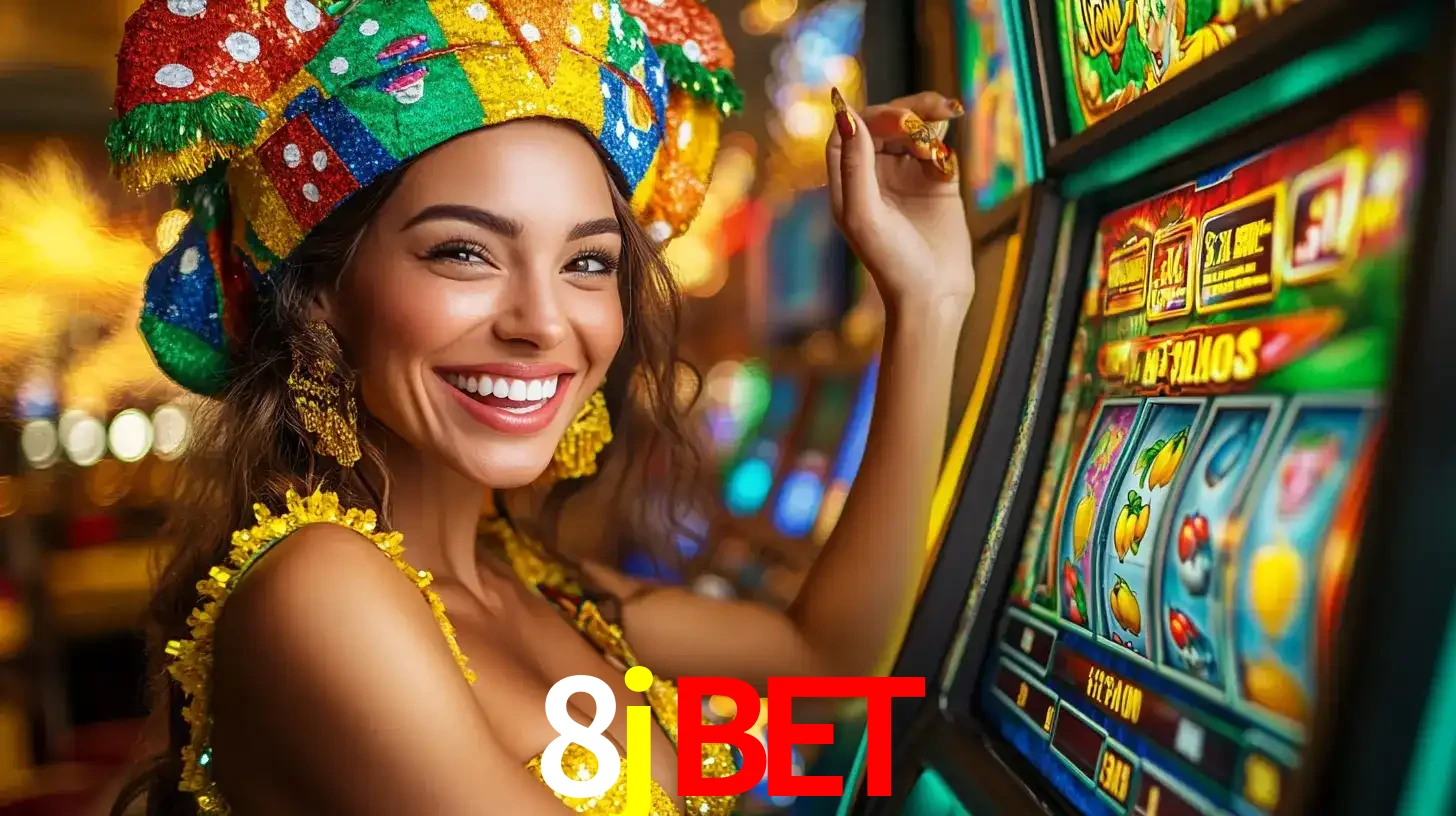 Mulher feliz com traje de carnaval amarelo e colorido ao lado de uma máquina de caça-níqueis, aproveitando a diversão e os jogos temáticos do cassino 8jbet.