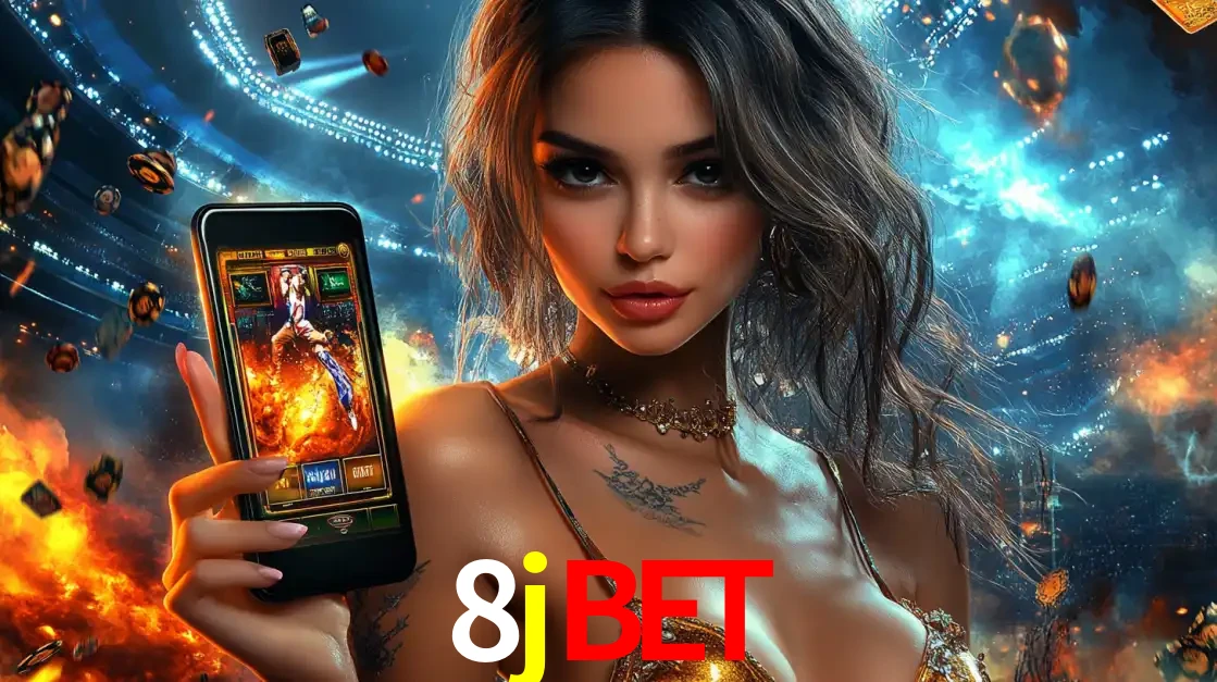 Mulher segurando um celular com um jogo de slot em destaque, tendo como fundo um estádio vibrante, simbolizando a emoção de jogar no cassino móvel 8jbet.