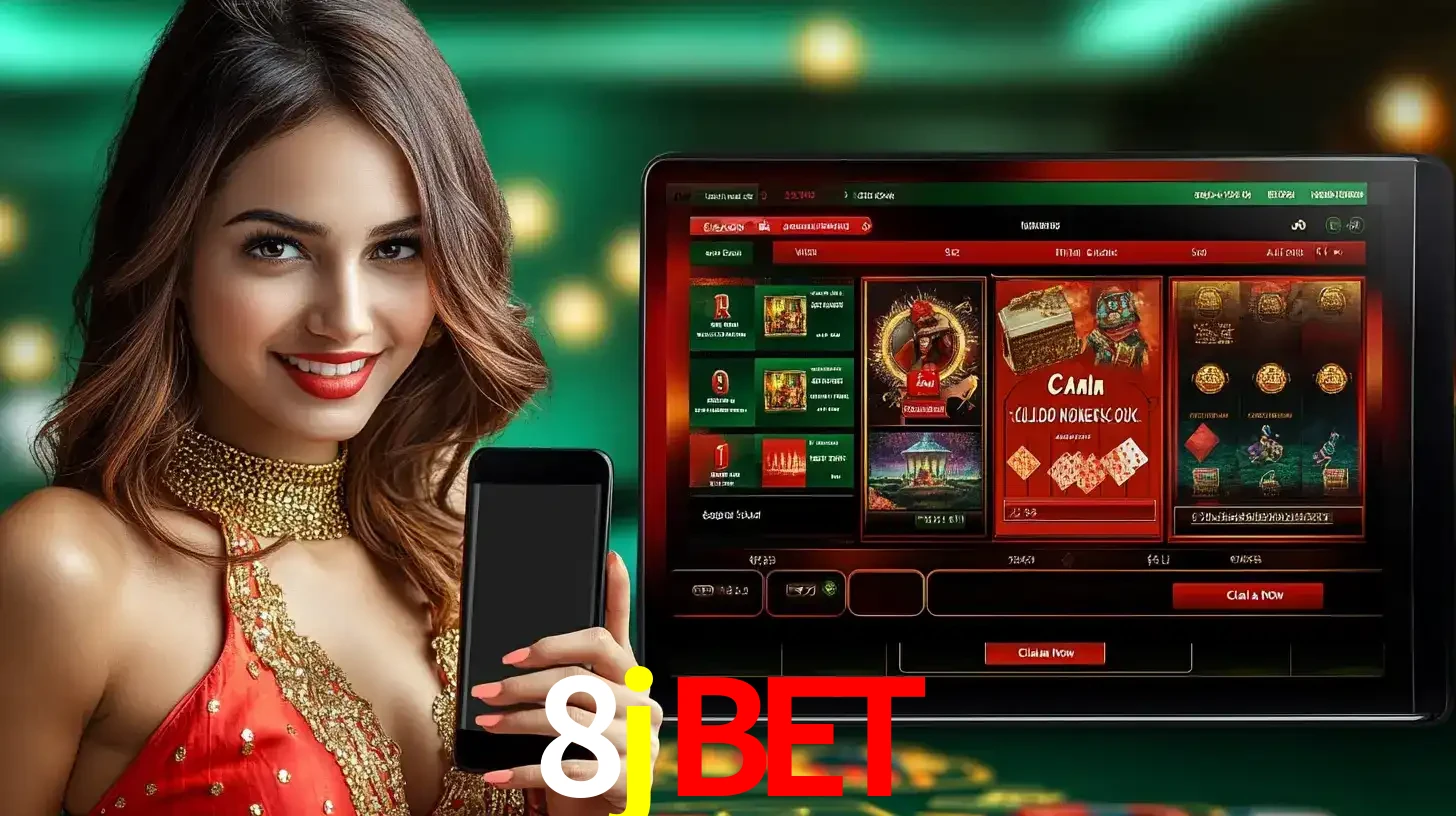 Mulher sorridente segurando um smartphone, ao lado de uma tela exibindo o lobby de jogos do cassino online 8jbet, com várias opções de jogos de cartas e slots.